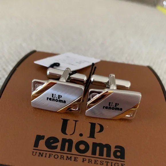 U.P. RENOMA Silvertone Cufflinks and Tie Clip Set